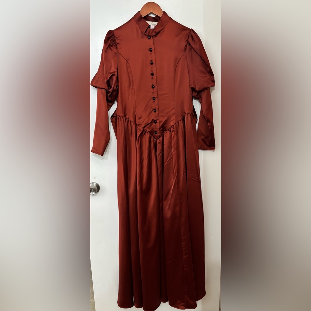 Victorian Rust Color Long Puff Sleeve Satin Gown Size Large Theater Costume